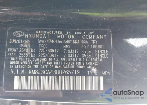 2017 Hyundai Tucson Se from USA, damaged, VIN KM8J3CA43HU265719